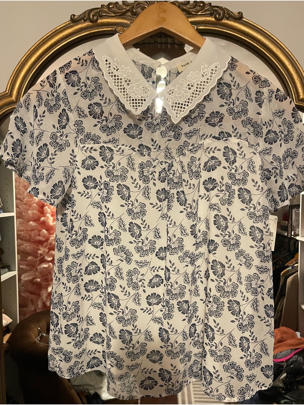 Faith and Joy White Blouse with Navy Floral Eyelet Collar